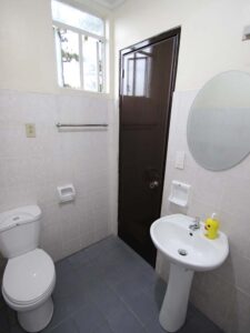 洗面台と鏡付きの清潔な専用バスルーム