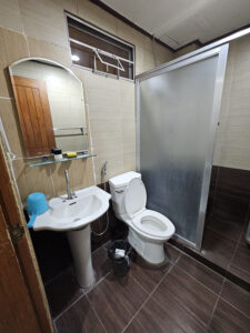 鏡付きの手洗いシンクとトイレがある共用バスルーム