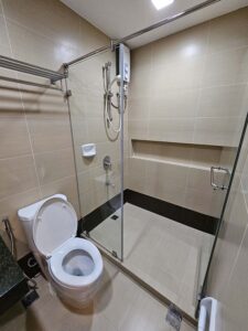 ガラス壁で仕切られたトイレとシャワーエリア