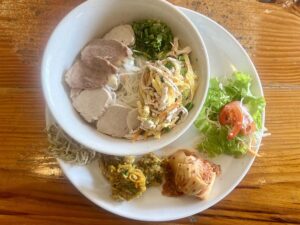 キムチとサラダが添えられた、米麺と蒸し鶏・野菜のヌードル