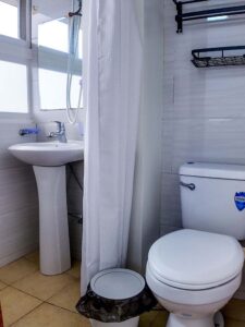カーテンで仕切られたシャワーエリアと洗面台、洗浄便座付きトイレのあるバスルーム