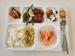 フライドチキン、ケバブ、ビリヤニ、サラダ、パパイヤが盛られた昼食