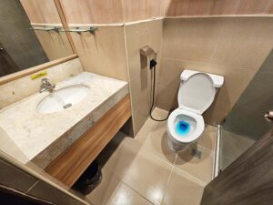洗面台、小物棚、トイレ、ゴミ箱が備わったバスルーム