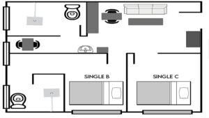 コンドミニアム寮の一人部屋Ｂ＆Ｃの間取り図一例