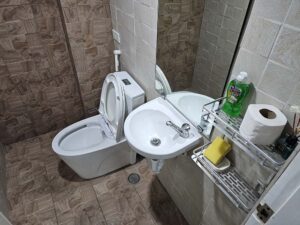 小物ラック、洗面台、洗浄便座付きトイレのあるトイレットルーム