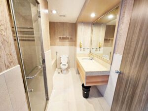 大きな鏡が設置された洗面カウンターがあるバスルーム