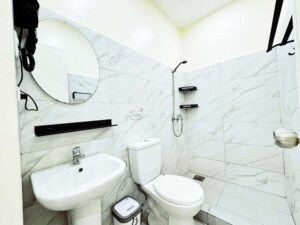 ドライヤー、洗面台、トイレ、床の段差で区切られたシャワーエリア