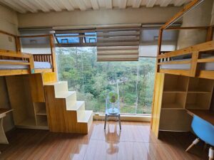 壁一面の大きな窓があり、机付き二段ベッドが特徴の4人部屋