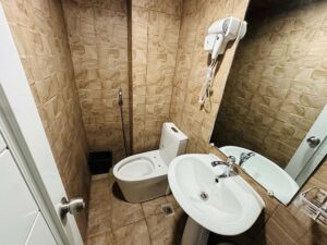 鏡付き洗面台、ヘアドライヤー、小物置きラックが備わった共用トイレットルーム