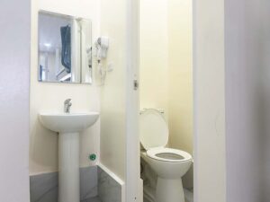 扉付きのトイレと洗面台横の壁に設置されたドライヤー