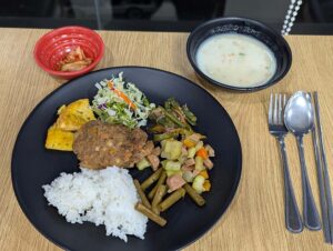 ハンバーグ、野菜炒め、オムレツ、キムチ、シチューの夕食
