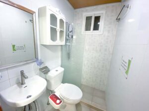 洗面台、トイレ、壁掛け収納棚、シャワーエリアが並んだバスルーム