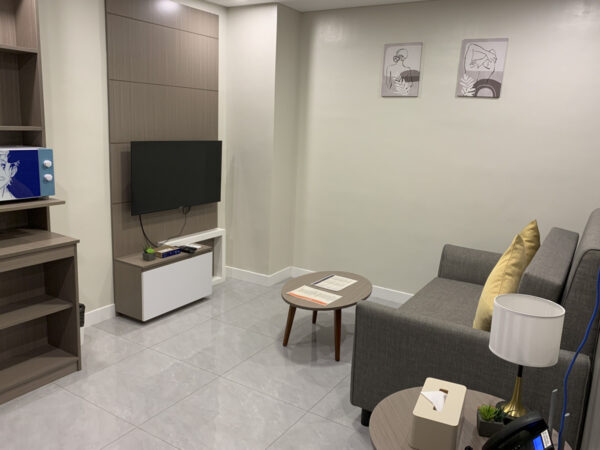 1人部屋のリビングに設置されたソファーとテーブル、壁掛けテレビ