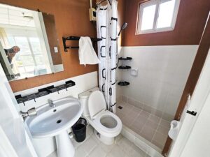 カーテン付きシャワー、トイレ、洗面台があるバスルーム