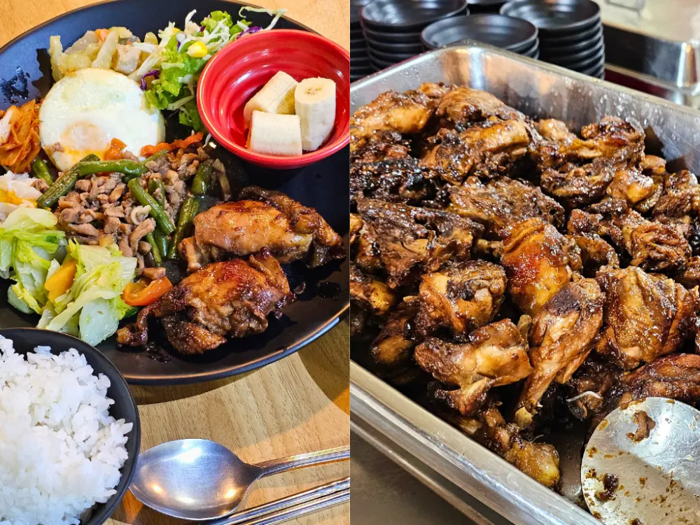 野菜とチキンアドボが添えられたランチ