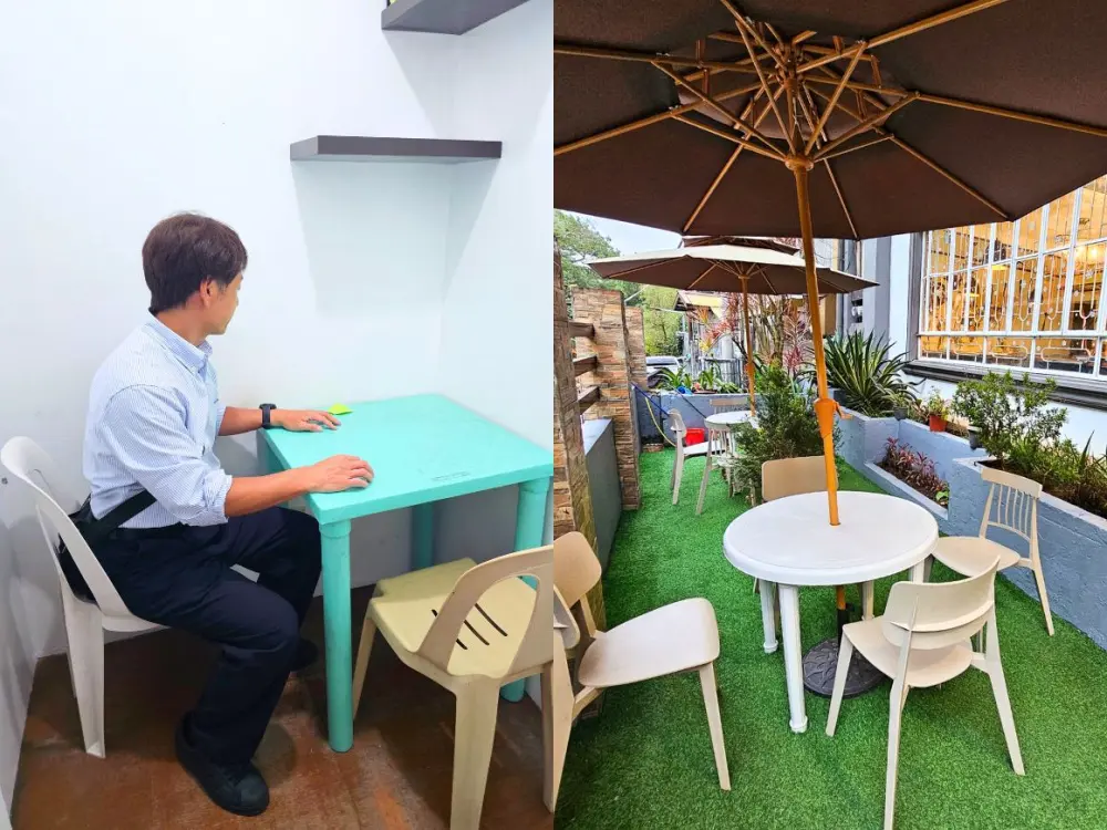 マンツーマン教室で椅子に座るGrit留学の真太郎と、校舎前に設置されたパラソルテーブルと椅子
