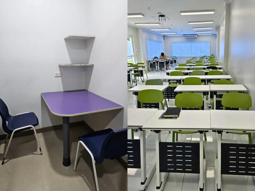 紫色の机と椅子が置かれたされたマンツーマン教室と、机と椅子が整然と並べられた自習室