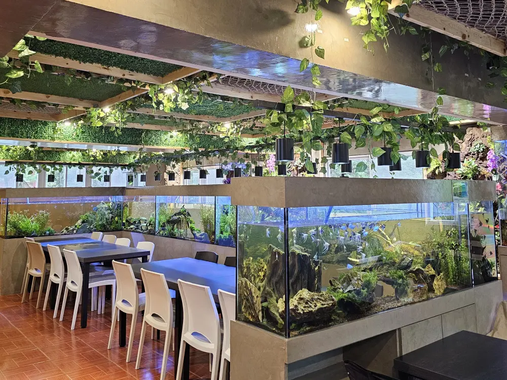MONOLのアクアガーデンレストランに展示された熱帯魚が泳ぐ水槽と、テーブルセット
