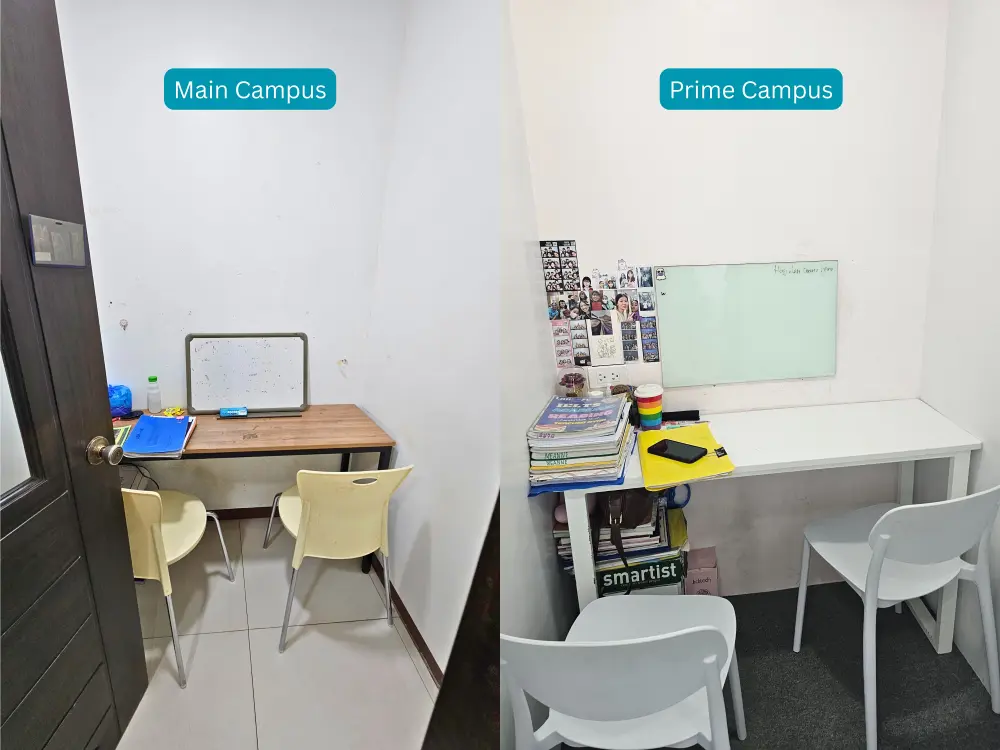 横並びに配置された椅子とテーブルがあるI.Breezeのマンツーマンクラス用の教室