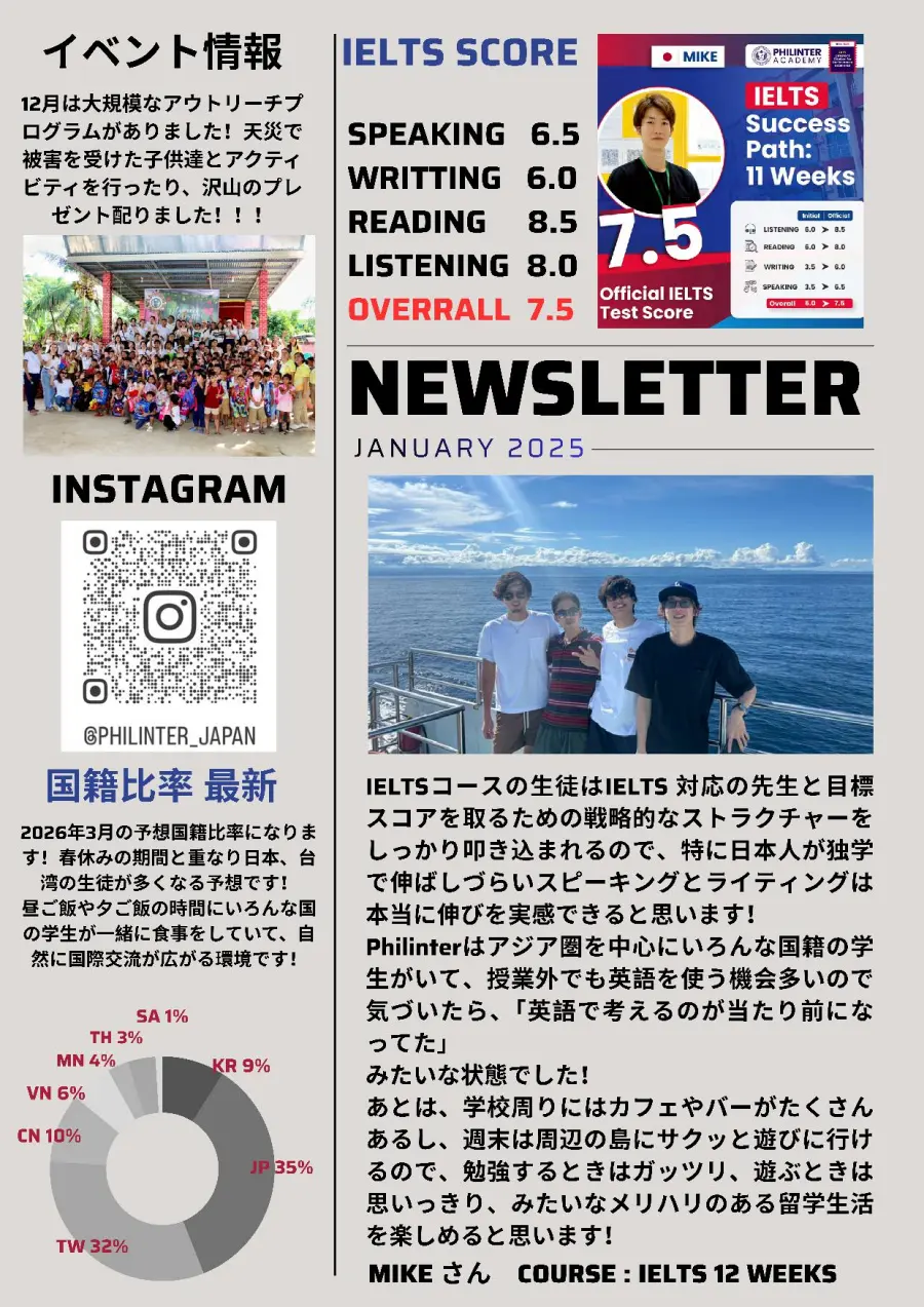 セブ_Philinter_1月ニュースレター　学生レビューと国籍比率_20260107