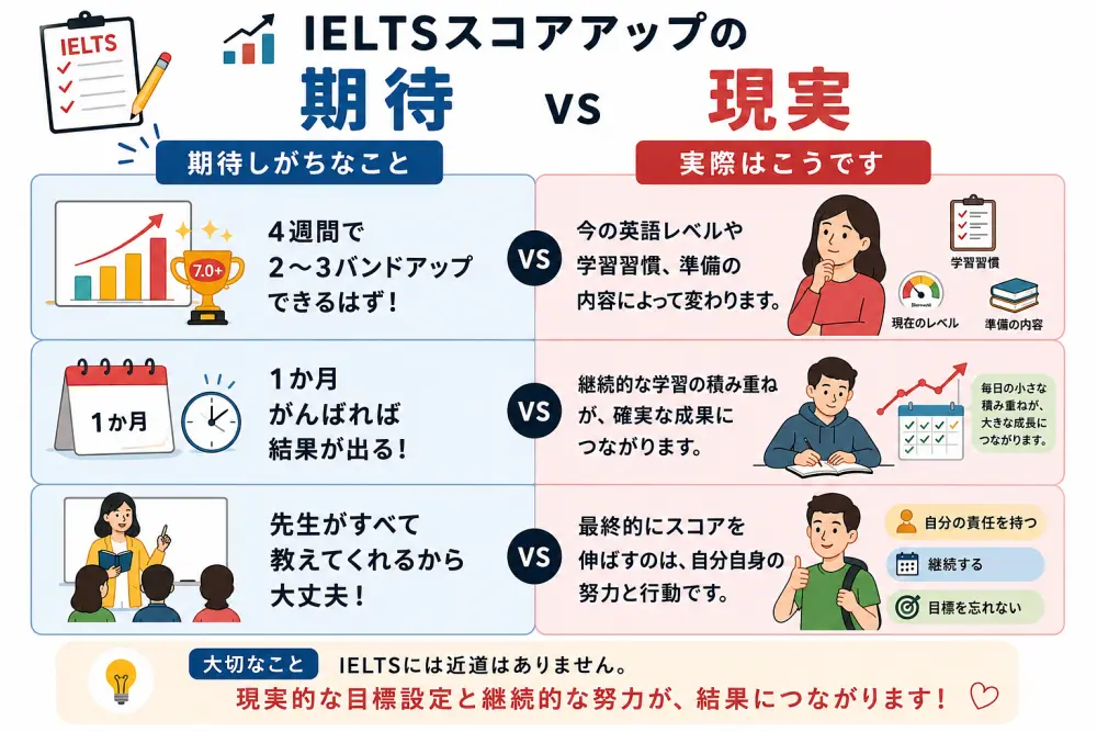 IELTSスコアアップに対する期待と現実を、現実的な目標設定や継続的な努力の大切さとともに示した図