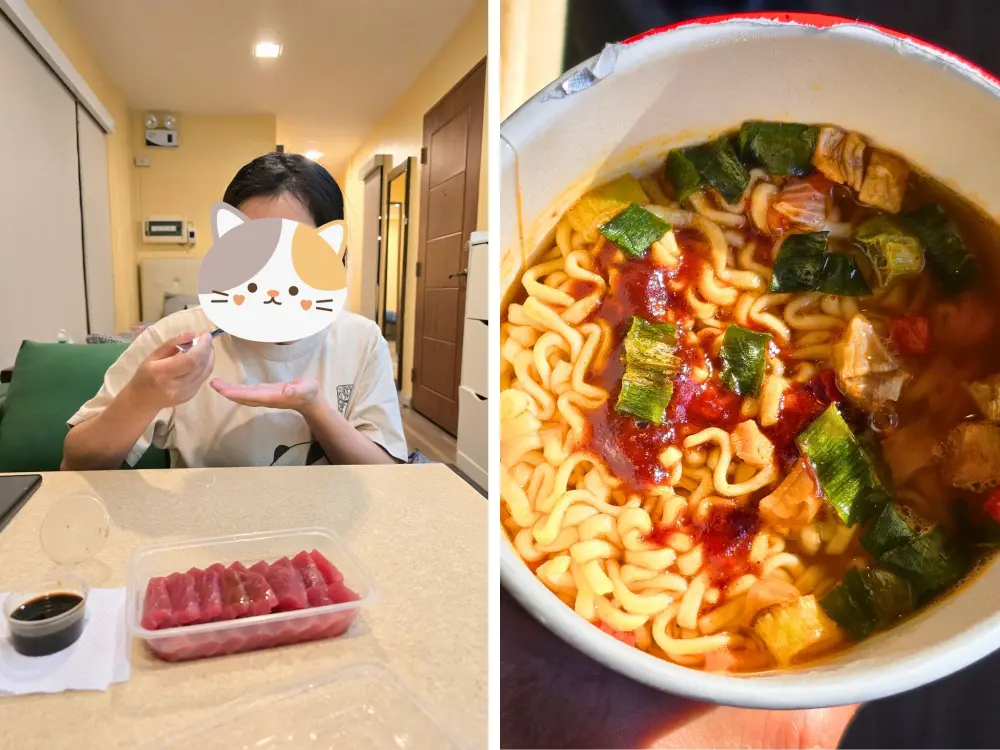 La Unionで購入したマグロの刺身を食べるJhenny(左)と、ブランチ前に食べた韓国のカップヌードル(右)