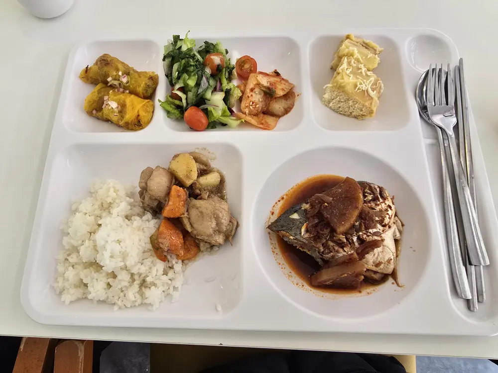 チキンシチュー、ポンパノの韓国風煮付け、ルンピア、サラダ、イェマケーキなどの昼食