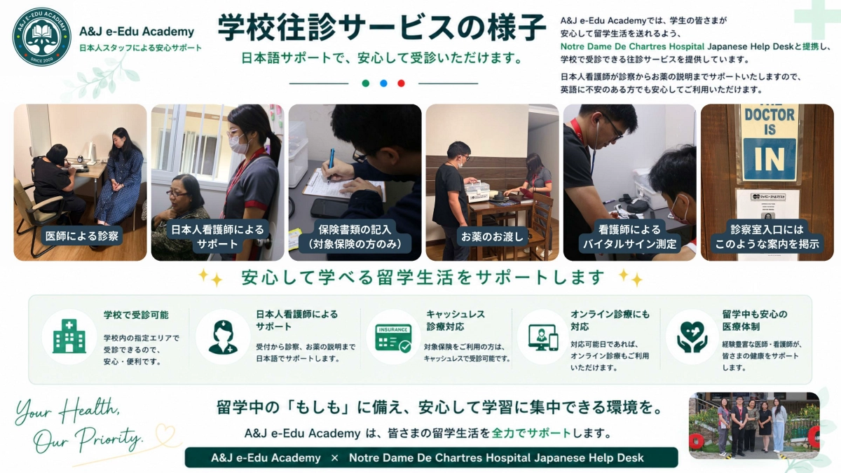A&J ECO Campusで実施された学校往診の診察や薬の受け取りの様子