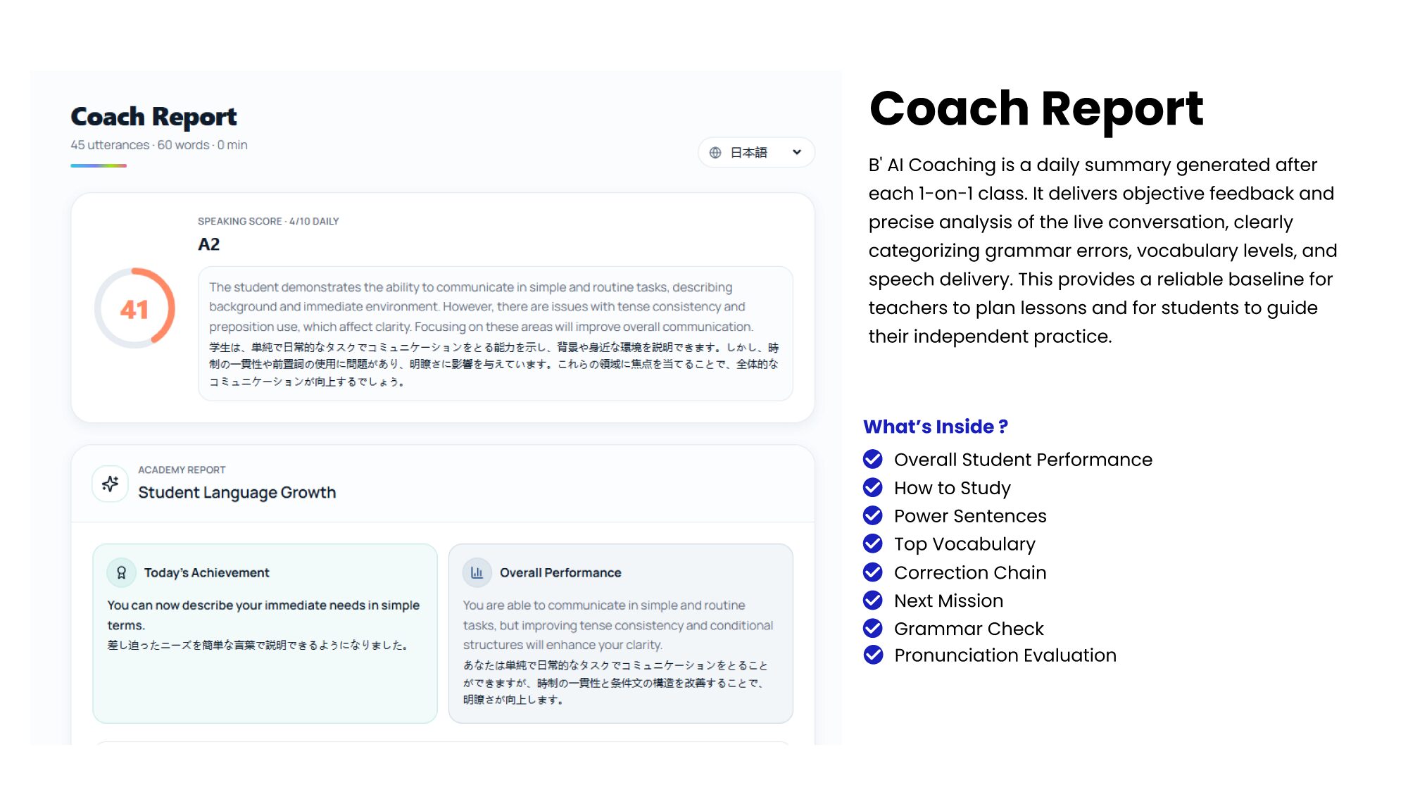 スピーキングスコアや学習成果、改善点を表示するB' AI CoachingのCoach Report画面
