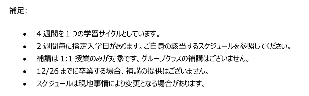 フィリピンのバギオにあるPINES International Academyの年末年始補講に関する補足事項を示した学校資料抜粋
