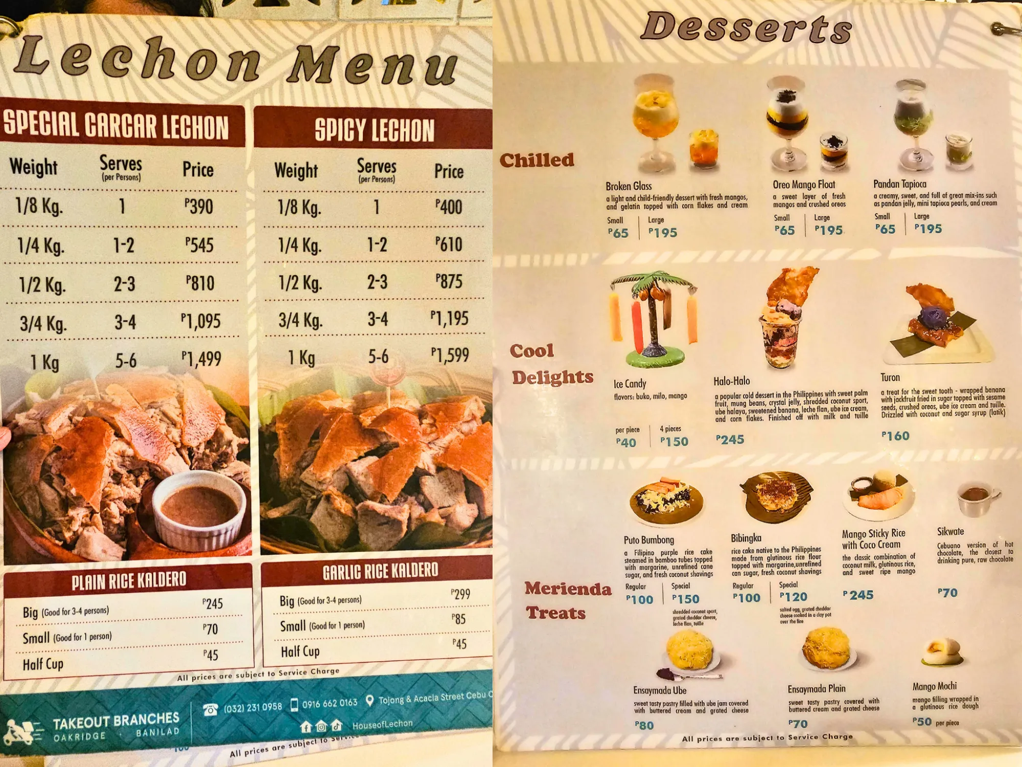 左にSpecial Carcar LechonとSpicy Lechon、Plain Rice Kaldero、Garlic Rice Kalderoが掲載されたHouse of Lechonのレチョンメニュー、右にデザートメニュー