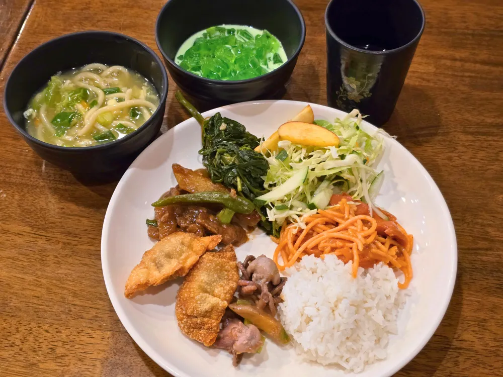 ICLの昼食に並んだLomi、Gulaman、甘いスパゲッティ、サラダ、タコと野菜の炒め物、揚げ餃子