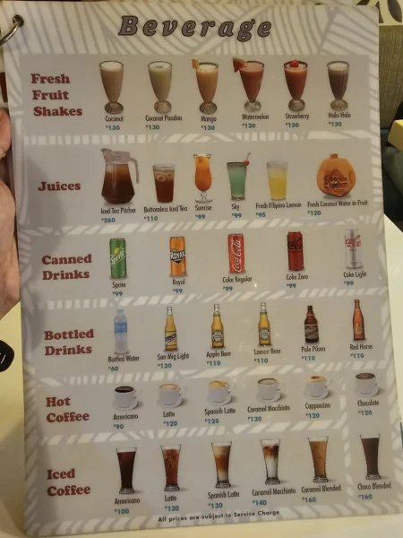 フルーツシェイク、ジュース、缶飲料、ビールなどのボトル飲料、ホットコーヒーとアイスコーヒーを掲載したHouse of Lechonのドリンクメニュー