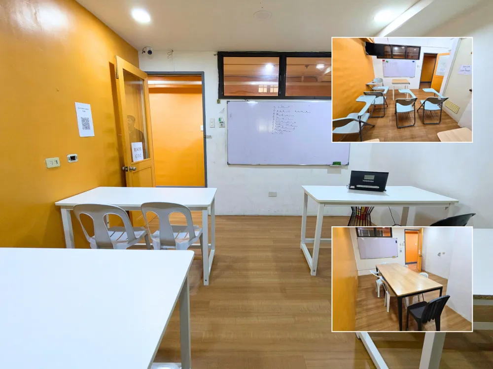 ICL English Academyにある、2人掛けの机や1人掛けのテーブル付きチェア、大きなテーブルを囲む座席など、異なるレイアウトのグループクラス用教室3室
