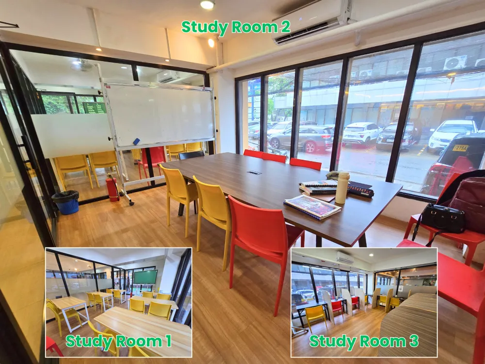 大きな共用テーブルとホワイトボードを備えたStudy Room 2を中心に、2人掛けの机が並んだStudy Room 1と、1人掛けの机が並んだStudy Room3も紹介するICLの自習室の写真