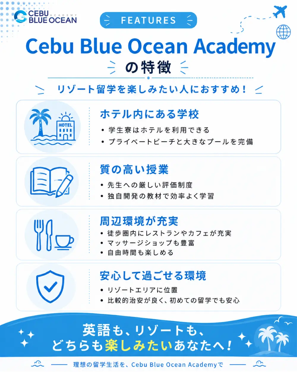 ホテル内の学校、授業、周辺環境などCebu Blue Ocean Academyの特徴紹介資料