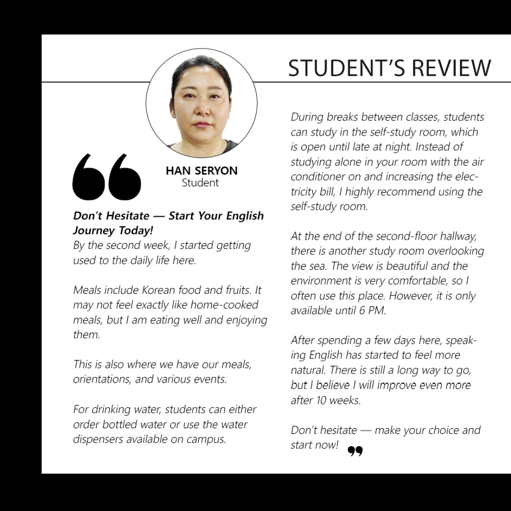 フィリピンのセブ島・リロアンにあるCIJ Academy & Schoolの学生Han Seryonさんが、食事や自習室、英語学習について語った学生レビュー