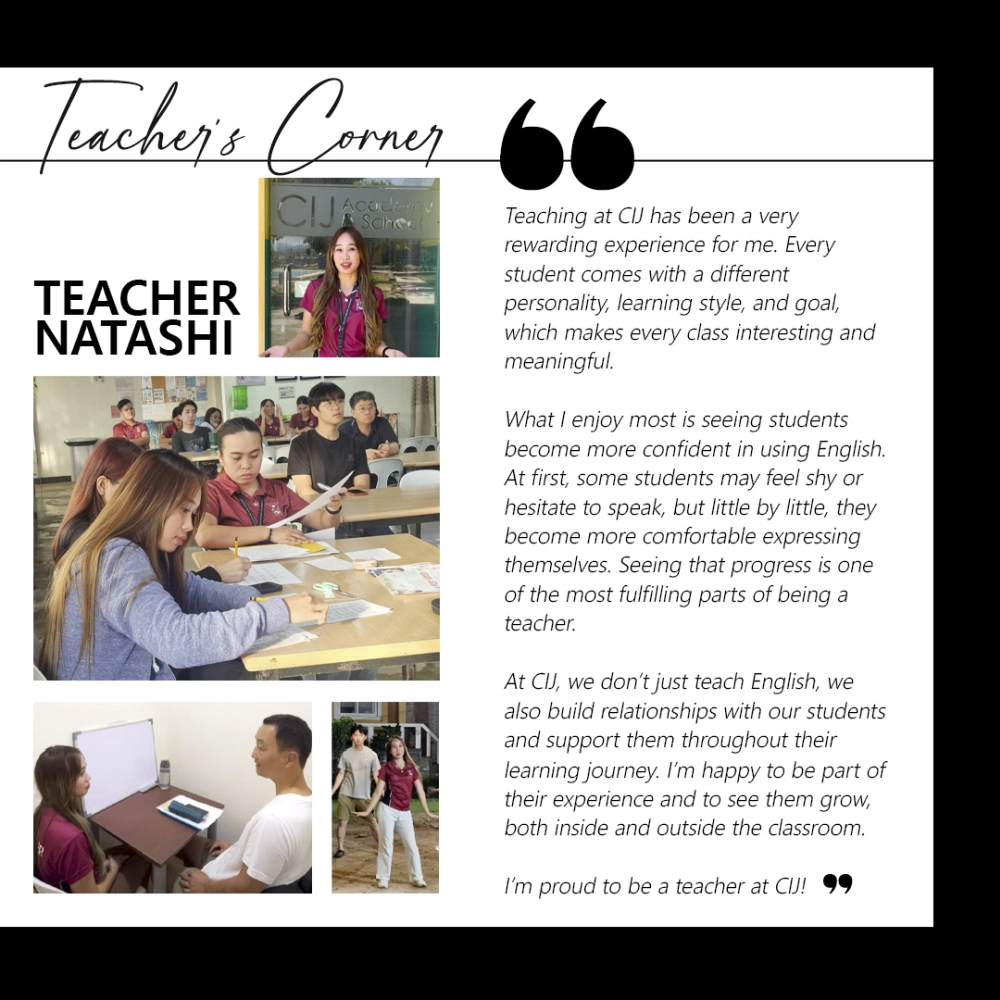 フィリピンのセブ島・リロアンにあるCIJ Academy & SchoolのNatashi先生が、授業や学生の成長について語ったTeacher's Corner