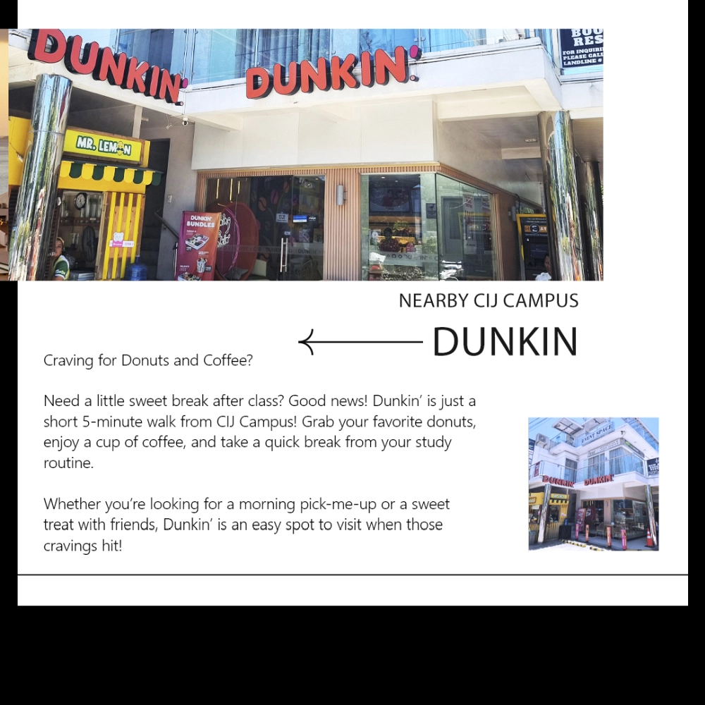 フィリピンのセブ島・リロアンにあるCIJ Academy & Schoolから徒歩約5分にあるDunkin'の店舗と外観
