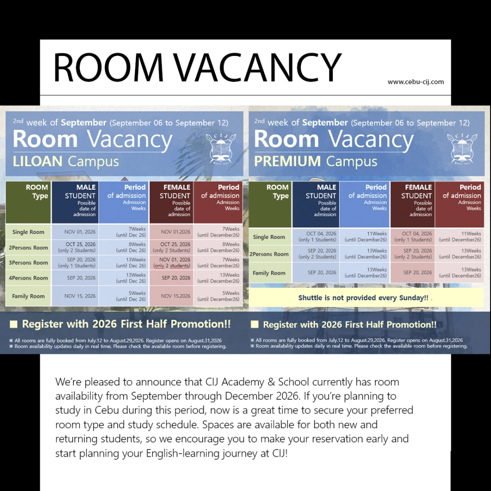 フィリピンのセブ島・リロアンにあるCIJ Academy & Schoolの2026年9月第2週における校内寮と外部寮Premium Dormitoryの空室状況