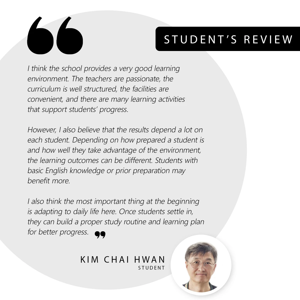 CIJ Academy & Schoolの学生Kim Chai Hwanさんが、学習環境や留学前の準備、学習習慣について語った学生レビュー