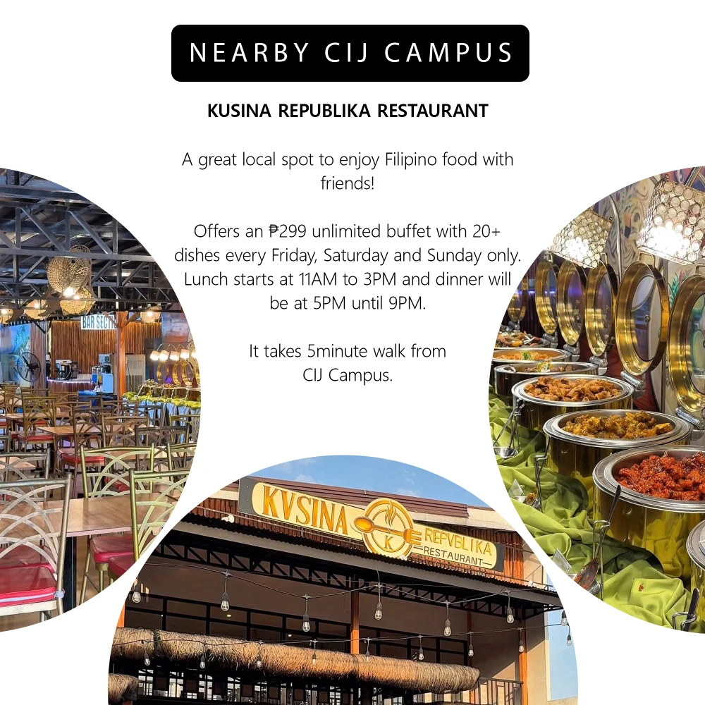 CIJ Academy & Schoolから徒歩約5分にあるKusina Republika Restaurantの店内、ビュッフェ料理、外観