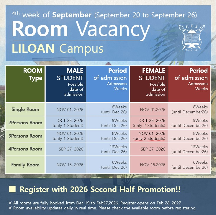 CIJ Academy & School校内寮の2026年9月第4週における男女別と部屋タイプ別の空室状況