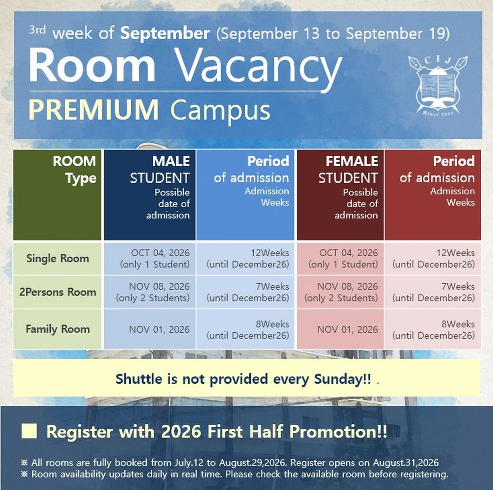 CIJ Academyの外部寮Premium Dormitoryの2026年9月第3週における男女別・部屋タイプ別の空室状況