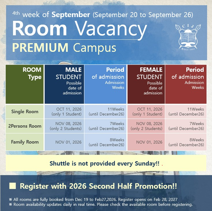 CIJ外部寮Premium Dormitoryの2026年9月第4週における男女別と部屋タイプ別の空室状況
