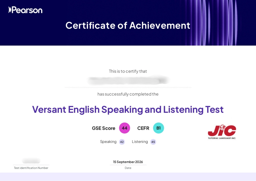 JICロゴ入りのVersant English Speaking and Listening Test修了証。GSEスコア44、CEFR B1、Speaking 42、Listening 45と記載されている