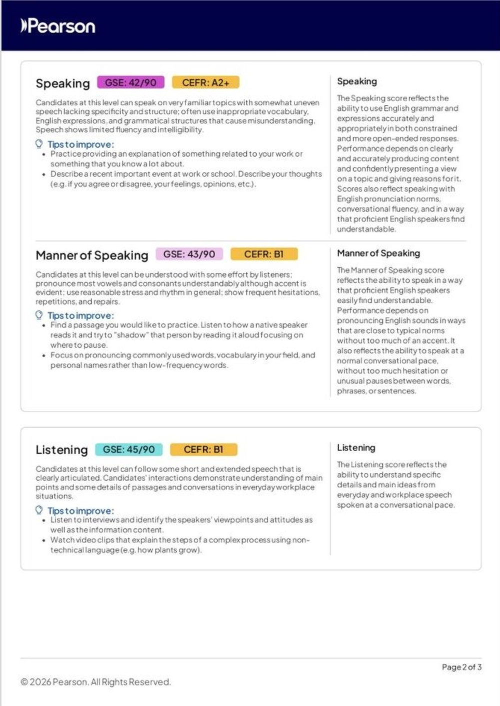 Versant English Speaking and Listening Testのスコアレポート詳細。SpeakingはGSE 42でCEFR A2+、Manner of SpeakingはGSE 43でCEFR B1、ListeningはGSE 45でCEFR B1と表示され、各項目の評価内容と改善のためのアドバイスが記載されている