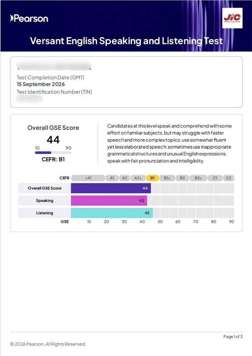 JICロゴ入りのVersant English Speaking and Listening Testスコアレポート。Overall GSE Score 44、CEFR B1、Speaking 42、Listening 45と表示されている