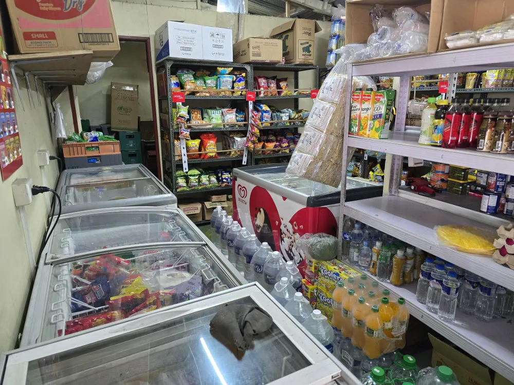 MONOLメインキャンパスの道路向いにあるサリサリストア、Felomina’s Storeの店内に並ぶ冷凍食品やスナック菓子、ペットボトル飲料などの商品