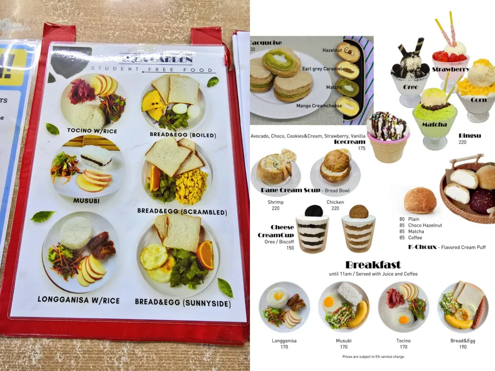 Aqua Garden Caféのメニュー、左はMONOLの学生向け無料朝食、右は一般客向けの朝食と軽食